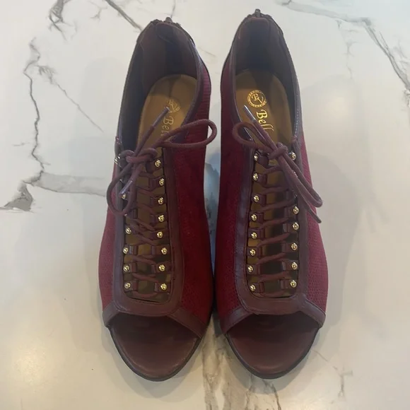 Bella Vita Burgundy Suede Peep toe,lace up,chunky heel,zipper closure,7 1/2, - Picture 5 of 16